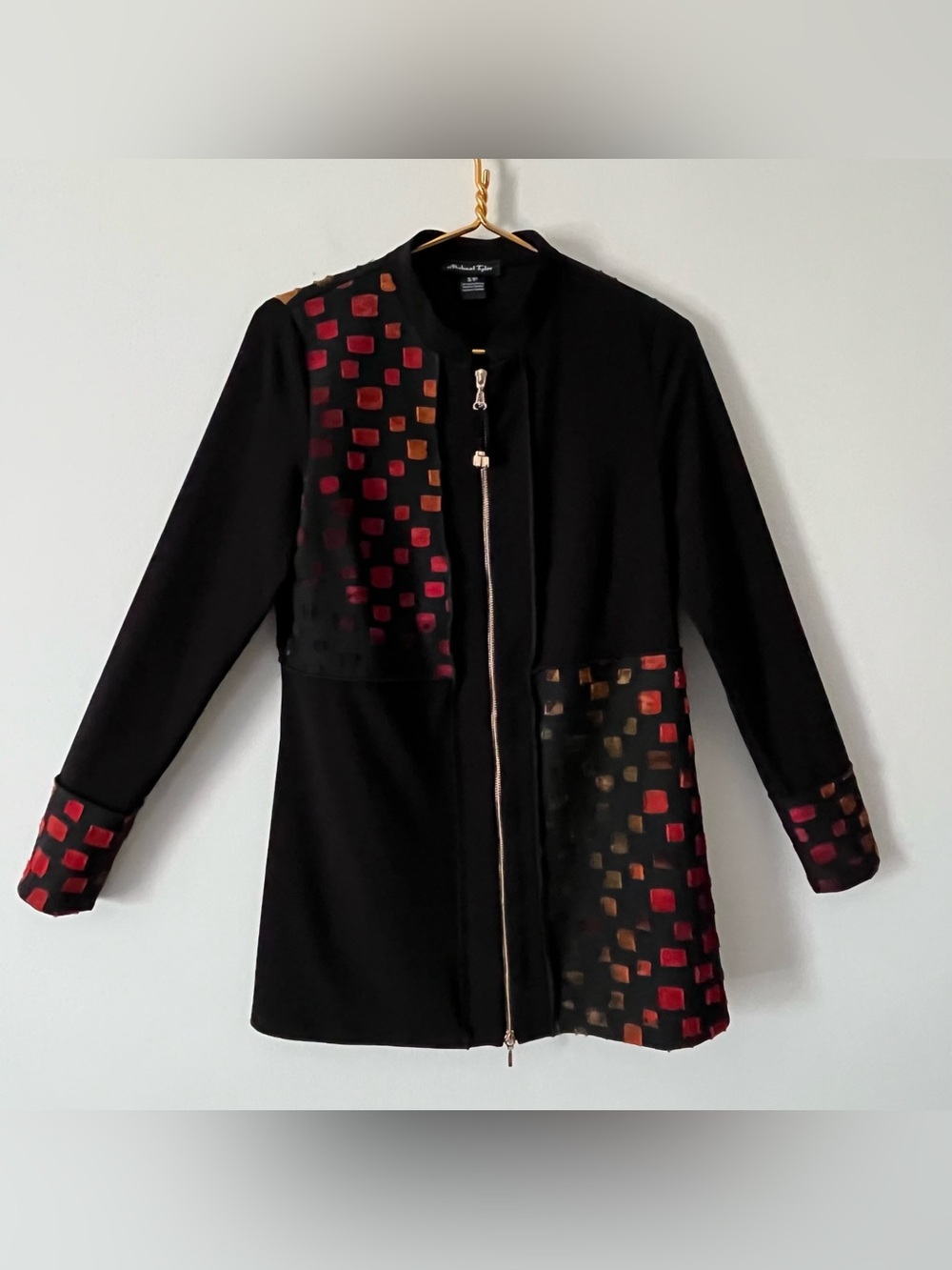 Michael Tyler Black Longline Zip Jacket Jewel Tone Textured Art to Wear Fall S